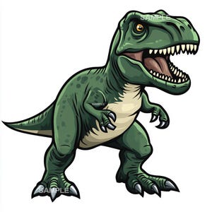 Peut inclure: Une illustration de dessin animé d'un dinosaure Tyrannosaurus Rex vert avec une grande gueule et des dents acérées. Le dinosaure est debout sur ses quatre pattes, la tête inclinée sur le côté.