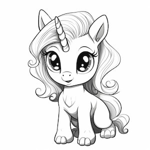 May include: A black and white line drawing of a cute cartoon unicorn with a long flowing mane and a horn. The unicorn has large eyes and a sweet expression.