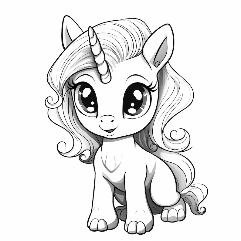 May include: A black and white line drawing of a cute cartoon unicorn with a long flowing mane and a horn. The unicorn has large eyes and a sweet expression.