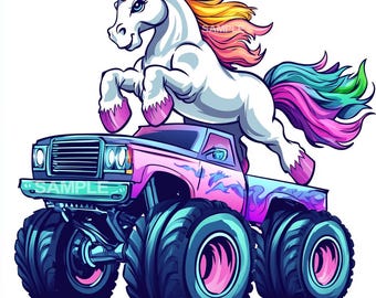 Unicorn on Monster Truck Clipart: Fun Digital Graphics (PNG Format)