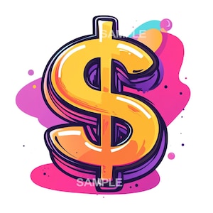 May include: A yellow dollar sign with a purple outline, set against a pink and purple abstract background with black dots.