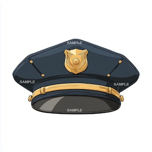Può includere: Un cappello da poliziotto blu navy con stemma e finiture dorate. Il cappello ha una corona arrotondata e una visiera. La parola "SAMPLE" è stampata sul cappello in diversi punti.