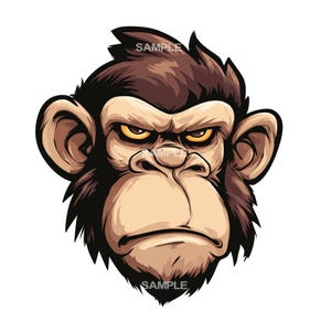 May include: A detailed illustration of a monkey's face with a stern expression. The monkey has brown fur, large ears, and intense yellow eyes. The image includes the word "SAMPLE" in two places.