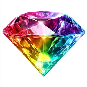 May include: A large, multi-faceted diamond with a rainbow of colours, including red, orange, yellow, green, blue, indigo, and violet. The diamond is reflecting light, creating a bright, shiny effect.