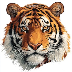 May include: A detailed illustration of a tiger's head, showcasing orange fur with black stripes. The tiger's intense gaze is highlighted by its yellow eyes. The word "SAMPLE" is printed across the top and bottom of the image.