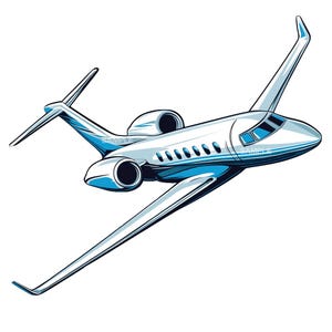 Op de afbeelding: Een wit privéjet met blauwe accenten die in de lucht vliegt. Het vliegtuig heeft een lange, smalle romp en een geveegd vleugelontwerp.