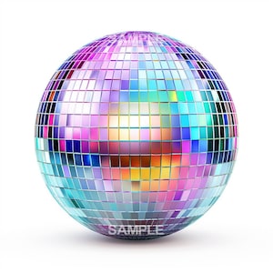 May include: A disco ball with a mirrored surface, reflecting a spectrum of colors including pink, purple, blue, and yellow. The word "SAMPLE" is printed on the bottom of the ball. The ball is round and sits on a white background.