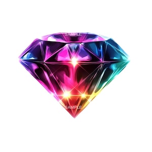 May include: A large, iridescent diamond with a rainbow of colours, including red, orange, yellow, green, blue, indigo, and violet. The diamond is faceted and reflects light.