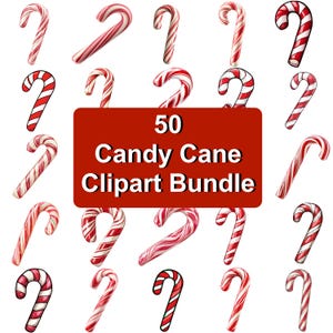 May include: A selection of red and white candy canes in different positions. A red rectangle in the centre displays the text "50 Candy Cane Clipart Bundle". The candy canes feature a traditional striped pattern, ideal for festive designs.