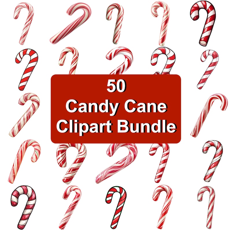May include: A collection of red and white candy canes in various orientations. A red rectangle in the center displays the text "50 Candy Cane Clipart Bundle". The candy canes have a classic striped design, perfect for holiday-themed projects.