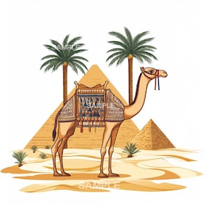 May include: A camel with a colourful saddle stands in front of two pyramids in a desert landscape. Palm trees are in the background.