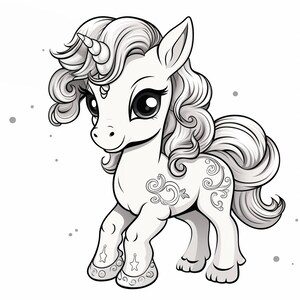 May include: A black and white line drawing of a cute cartoon unicorn with a curly mane and tail. The unicorn has a horn, large eyes, and a floral design on its body.