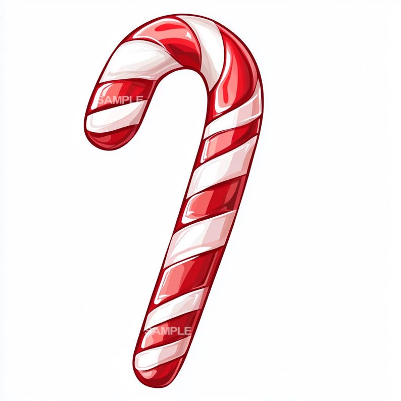 May include: A red and white striped candy cane with the word "SAMPLE" printed on it. The candy cane is a classic Christmas treat, with a curved top and a long, straight bottom. The colors are bright and festive.