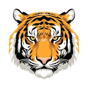 Puede incluir: Ilustración detallada de la cara de un tigre, con colores naranja, negro, blanco y amarillo. Los ojos del tigre son amarillos y la nariz rosa. La palabra "SAMPLE" está impresa en la imagen.