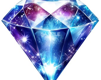 May include: A large, blue diamond with a galaxy-like pattern inside. The diamond is faceted and has a bright, sparkling effect.
