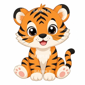 Puede incluir: Una ilustración de dibujos animados de un cachorro de tigre sentado con pelaje naranja, rayas negras y pecho blanco. El cachorro tiene ojos grandes y oscuros, una nariz pequeña y negra y una boca sonriente. La palabra SAMPLE aparece varias veces.
