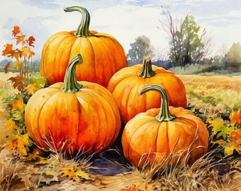 Peut inclure: Peinture à l'aquarelle de quatre citrouilles oranges avec des tiges vertes, dans un champ avec des feuilles d'automne. Les citrouilles sont au centre, avec un ciel bleu et des arbres en arrière-plan. L'œuvre évoque le thème de la récolte.