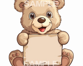 Cute Bear Holding a Sign Clipart  - PNG format, commercial use approved