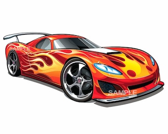 Red Sports Car with Flames Clipart - PNG