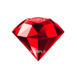 May include: A vibrant red gemstone with a diamond cut, featuring multiple facets that reflect light. The word "SAMPLE" is printed on the top and bottom of the gem. The gem is set against a white background.