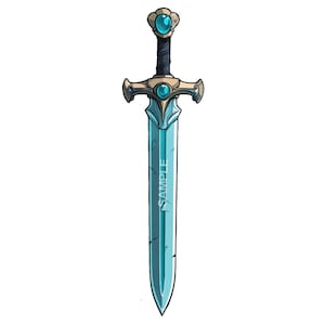 May include: A blue and gold sword with a jewel-encrusted hilt. The sword has a sharp point and a double-edged blade.