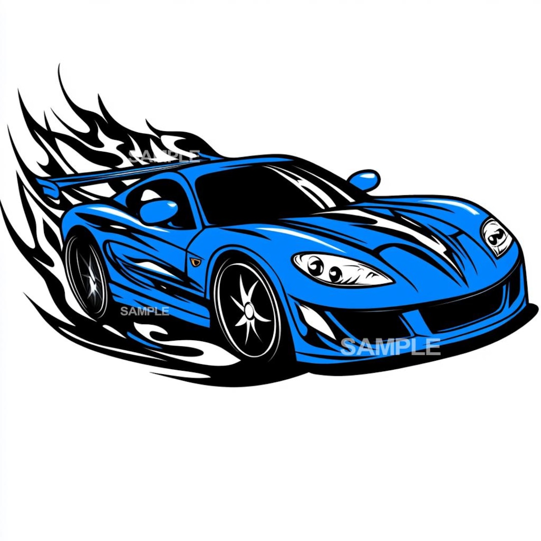 Blue Rageing Car Blue Sports Car With Black Flames Clipart - PNG - Etsy