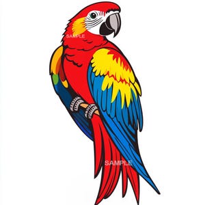 May include: A red, yellow, and blue macaw parrot with a black beak. The parrot is perched on a branch and is looking to the right. The parrot has a sample text on its body.