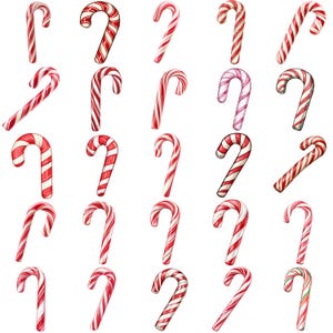 May include: A collection of candy canes in various designs. The canes are primarily red and white striped, with some featuring solid red or pink hues. The image showcases a variety of shapes and patterns, perfect for holiday-themed crafts or decorations.