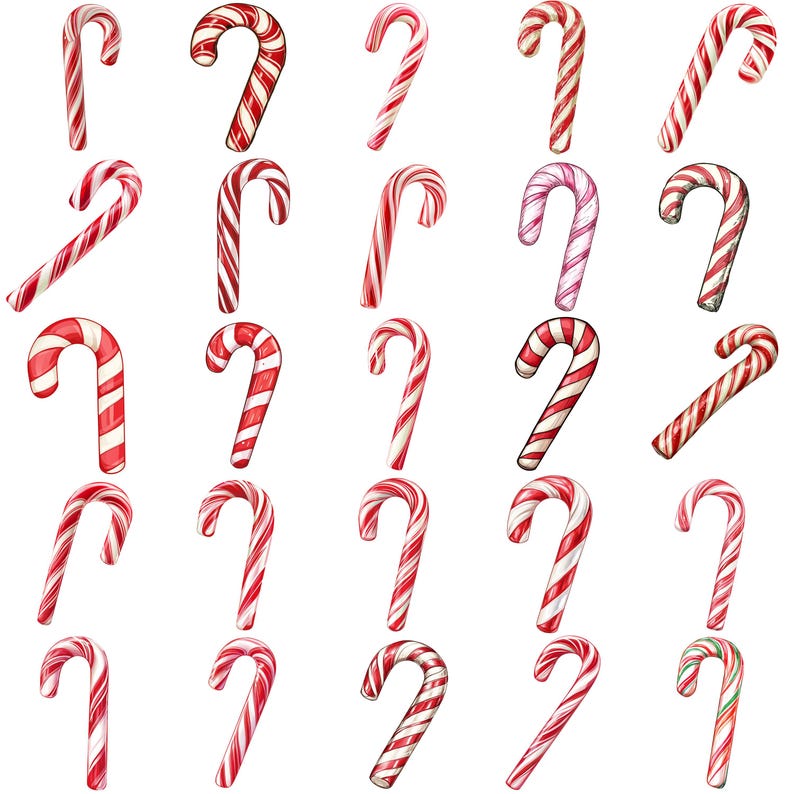 May include: A collection of candy canes in various designs. The canes are primarily red and white striped, with some featuring solid red or pink hues. The image showcases a variety of shapes and patterns, perfect for holiday-themed crafts or decorations.