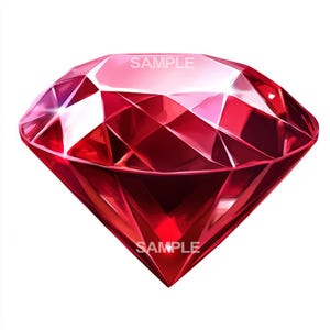 Può includere: Una gemma rossa sfaccettata e vibrante con taglio brillante. La gemma ha un design complesso e sfaccettato, con la parola "SAMPLE" stampata sulla superficie. La gemma è posta su uno sfondo bianco, evidenziando il suo colore ricco e la sua brillantezza.