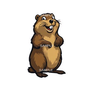 May include: A cartoon groundhog illustration, standing and smiling. The groundhog has brown fur with a lighter tan belly. The word "SAMPLE" is printed on the image.