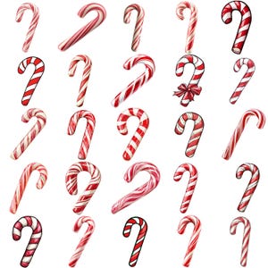 May include: A collection of red and white striped candy canes in various orientations. Some candy canes have a glossy finish, while others appear matte. One candy cane is adorned with a red bow. The candy canes are arranged against a white background.