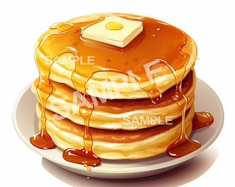 May include: A stack of four golden brown pancakes topped with a pat of butter and drizzled with maple syrup on a white plate.