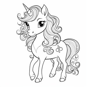 May include: A black and white line drawing of a unicorn with a long flowing mane and tail. The unicorn has a spiral horn and large eyes. The unicorn is standing on all four legs and has a whimsical, fairytale-like appearance.