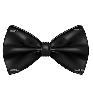 May include: A black bow tie made of satin fabric. The bow tie is tied in a classic style.