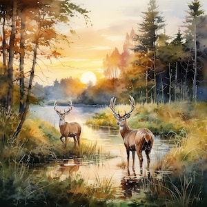 May include: Two white-tailed deer stand in a forest clearing by a river. The deer are facing forward, with their antlers visible. The forest is lush and green, with tall trees and a bright blue sky. The sun is shining through the trees, creating a warm and inviting atmosphere.