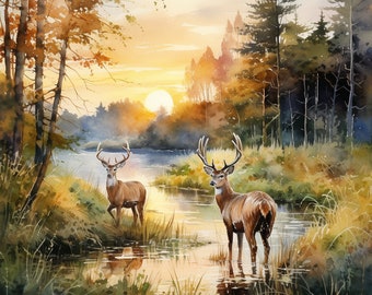 10 Water Color Deer in the Forest Illustrations