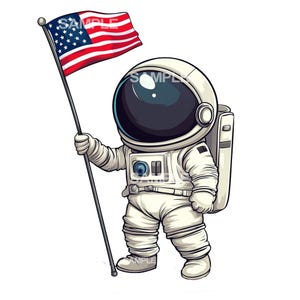 Cute Spaceman / Astronaut with American Flag Clipart  - High Quality- PNG format, commercial use approved