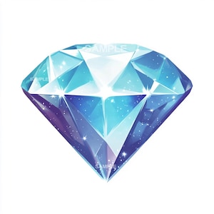May include: A large, sparkling blue diamond with a faceted design. The diamond has a light blue center and a darker blue outer edge. The diamond is set against a white background.