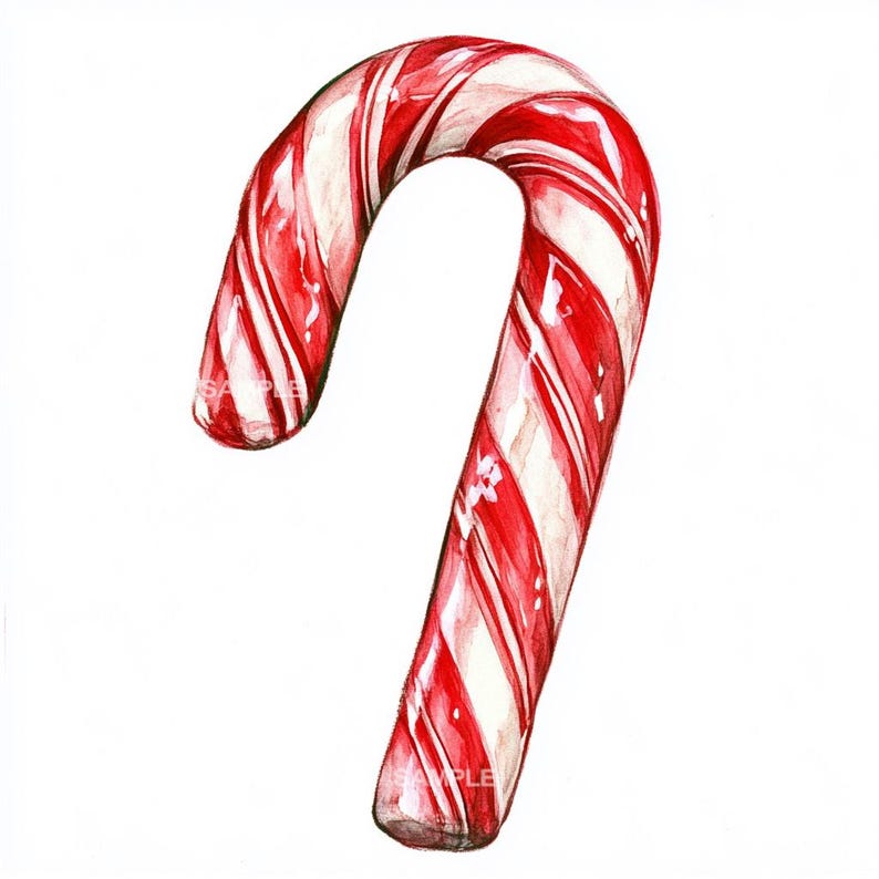 May include: Watercolor painting of a red and white striped candy cane. The candy cane is curved and has a glossy finish, with the red stripes alternating with white stripes. The background is plain white.
