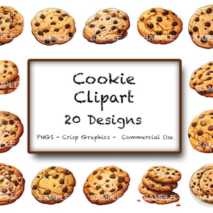 Puede incluir: Un conjunto de 20 imágenes de clipart digital de galletas con chispas de chocolate. Las galletas son de varias formas y tamaños, algunas están apiladas unas sobre otras. Las imágenes son perfectas para usar en scrapbooking digital, creación de tarjetas y otros proyectos de manualidades.