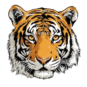 May include: A detailed illustration of a tiger's face, featuring orange, black, and white fur. The tiger has intense yellow eyes, a pink nose, and prominent whiskers. The image is a close-up, showcasing the animal's features against a white background.