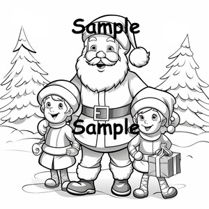 May include: Black and white illustration of Santa Claus with two elves. Santa is wearing a suit with a belt. The elves are wearing hats and holding a gift. The word "Sample" is written on the image.