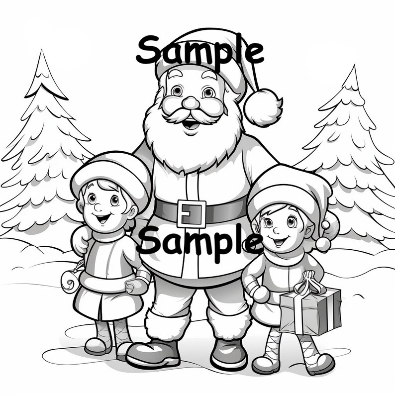 May include: Black and white illustration of Santa Claus with two elves. Santa is wearing a suit with a belt. The elves are wearing hats and holding a gift. The word "Sample" is written on the image.