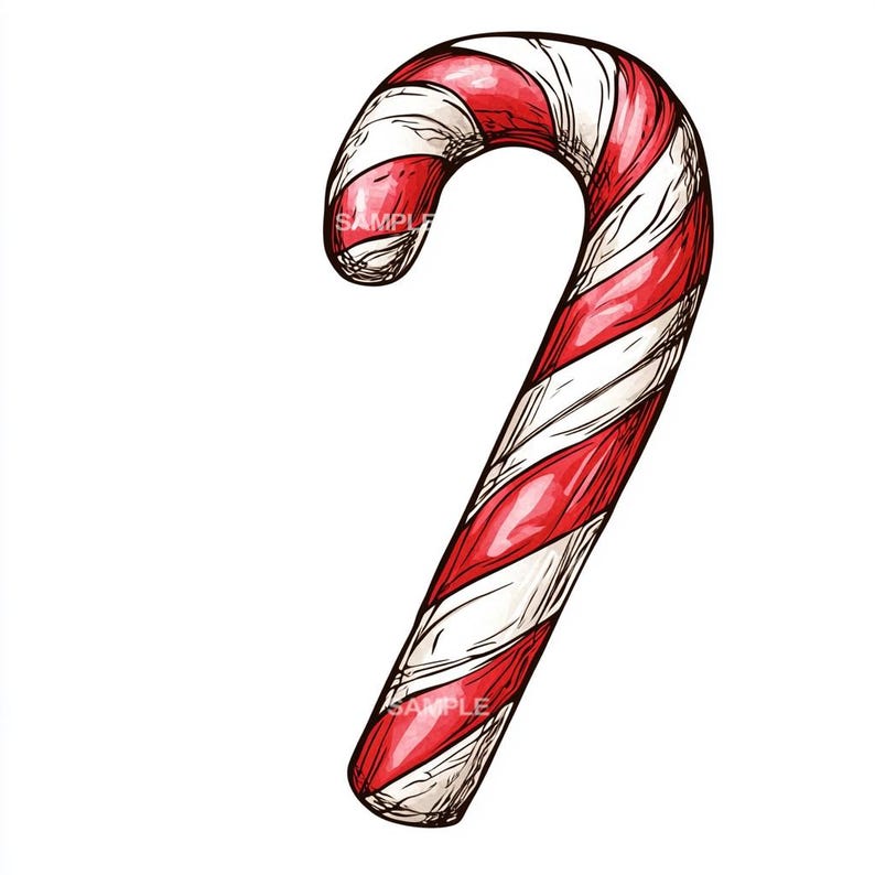 May include: A hand-drawn illustration of a candy cane. The candy cane is red and white striped with a curved shape. The word "SAMPLE" is printed on the candy cane.