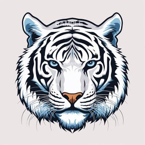 Puede incluir: Ilustración detallada de la cara de un tigre blanco. El tigre tiene rayas negras, ojos azules y una nariz marrón. La imagen es un primer plano, que muestra las características del tigre sobre un fondo claro. La palabra "SAMPLE" es visible.