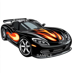 Black Sports Car with Flames Clipart - PNG