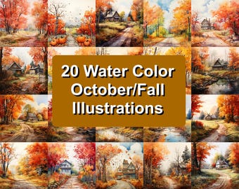 October Fall Watercolor Illustrations | Autumn Art Prints (Digital Download)