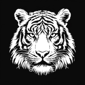 Op de afbeelding: Een zwart-witte illustratie van een tijgergezicht. De tijger heeft een woeste uitdrukking met scherpe tanden en een prominente neus.