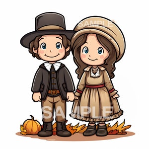 May include: A cartoon illustration of a boy and girl dressed in pilgrim clothing. They are standing on a bed of autumn leaves with a small pumpkin in front of them.